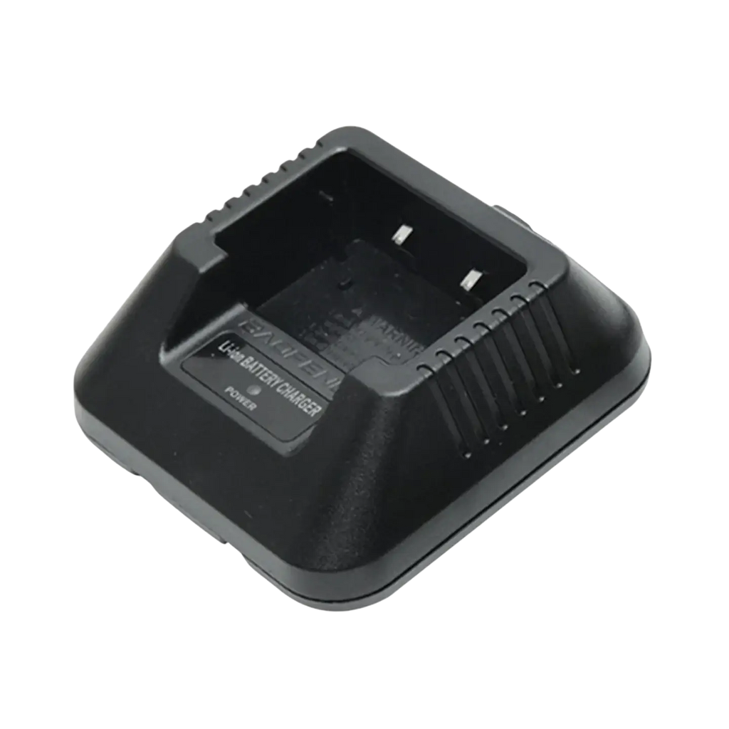 Black plastic uv5r li-ion charger with textured ridges and recessed power button for baofeng walkie talkie