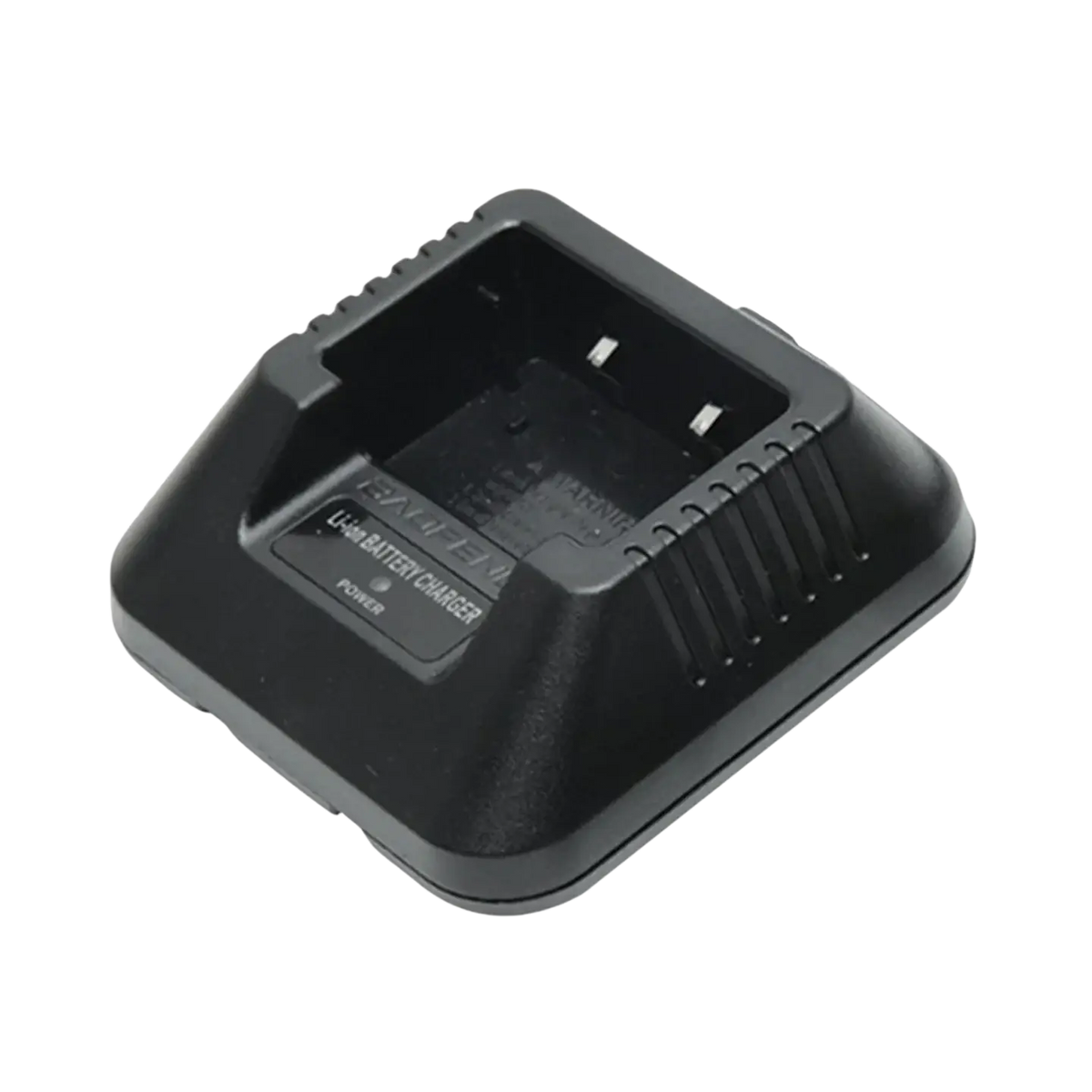 Black plastic uv5r li-ion charger with textured ridges and recessed power button for baofeng walkie talkie
