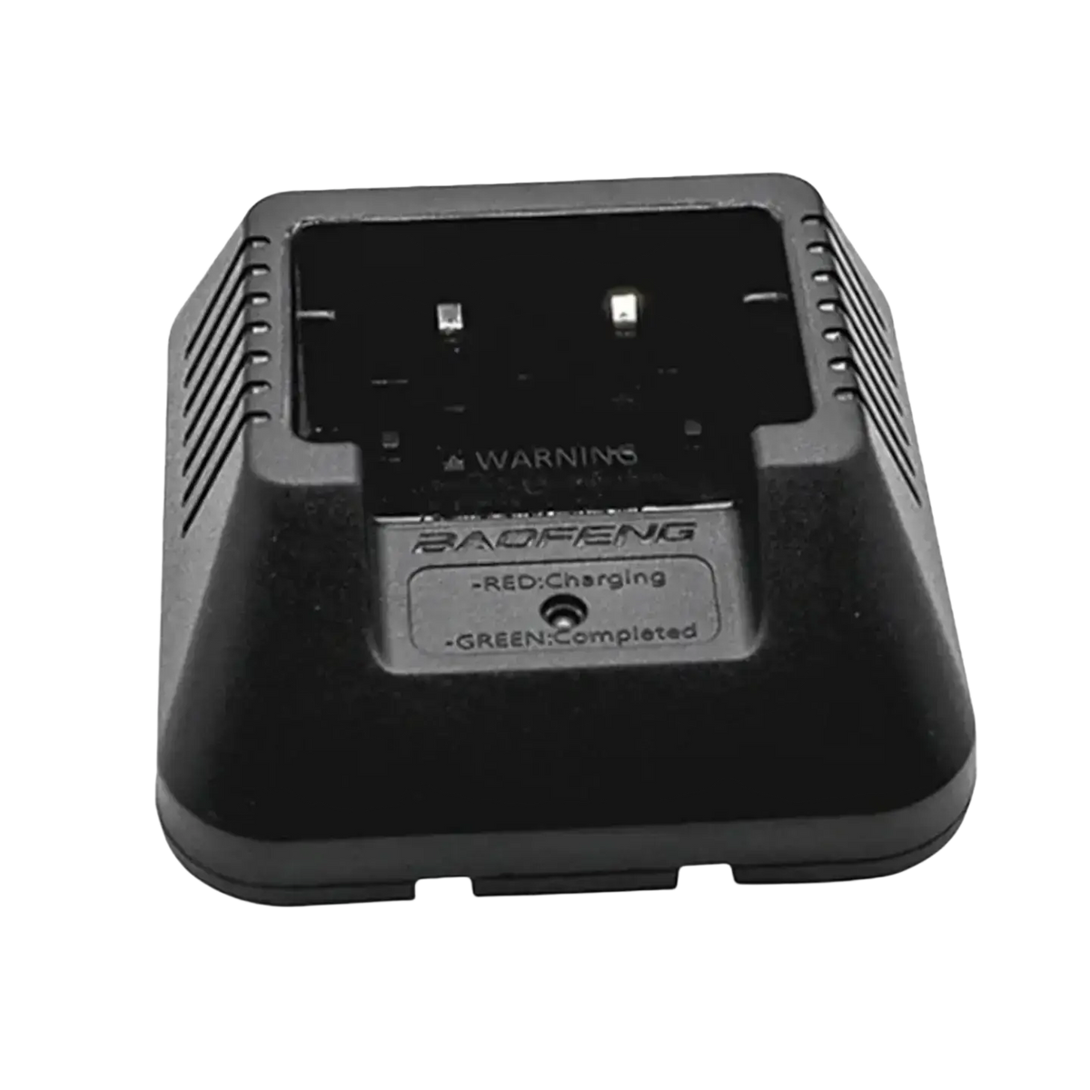 Black plastic uv5r li-ion charger with rectangular slot and status indicator lights for baofeng walkie talkie