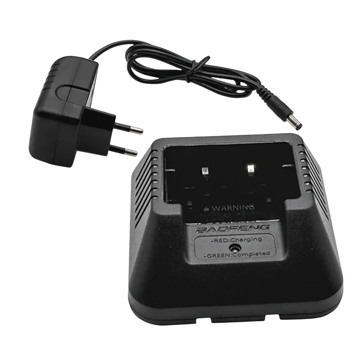 Black plastic uv5r li-ion charger with coiled power cord and dual-prong plug for baofeng walkie talkie
