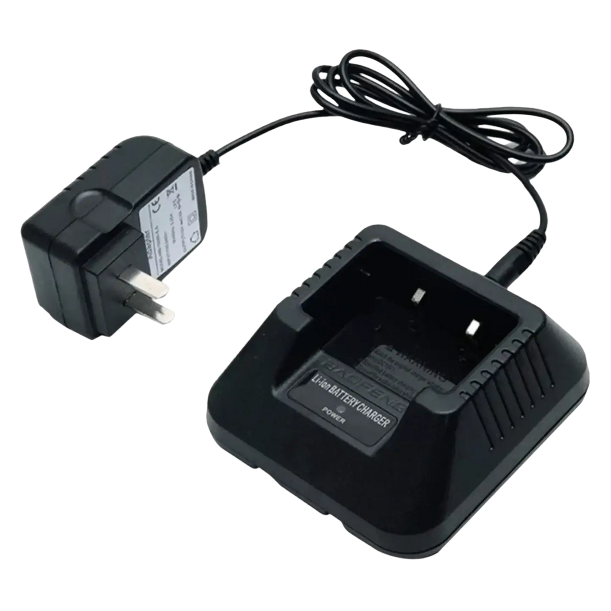 Black plastic uv5r li-ion charger with coiled power cord and plug for uv5ra baofeng walkie talkie batteries