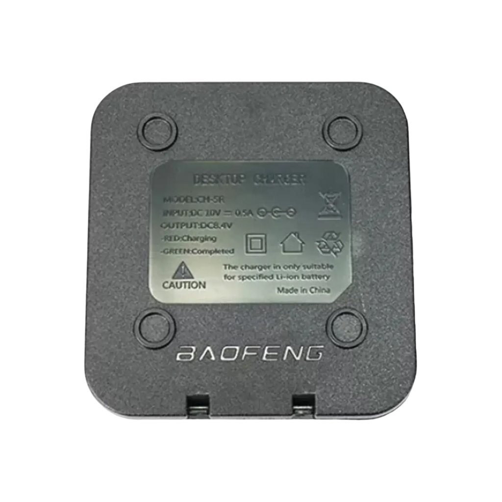 Black textured uv5r li-ion charger with silver label showing model and specifications for baofeng walkie talkie