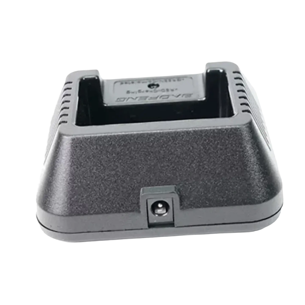 Black textured plastic uv5r li-ion charger cradle with ventilation slots and integrated power port for baofeng uv5ra walkie talkie