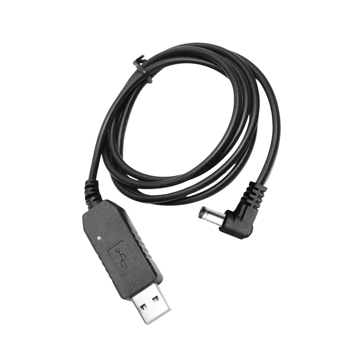 Black USB cable with USB-A and angled barrel jack for uv5r li-ion charger and Baofeng walkie talkie use