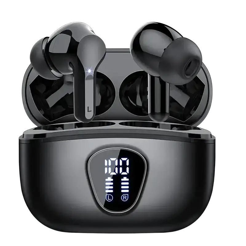 Black uyuxio wireless earbuds with glossy finish in matching charging case featuring illuminated battery level display