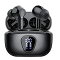 Black uyuxio wireless earbuds with glossy finish in matching charging case featuring illuminated battery level display