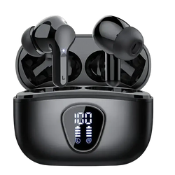 Black uyuxio wireless earbuds with glossy finish in matching charging case featuring illuminated battery level display