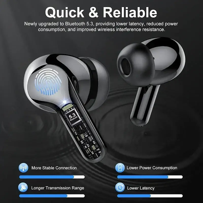 Uyuxio wireless earbuds bluetooth 5.3 black with sleek glossy finish and touch-sensitive control panel on stem