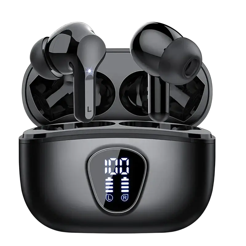 Black uyuxio wireless earbuds in a sleek glossy charging case with an illuminated digital display Bluetooth 5.3
