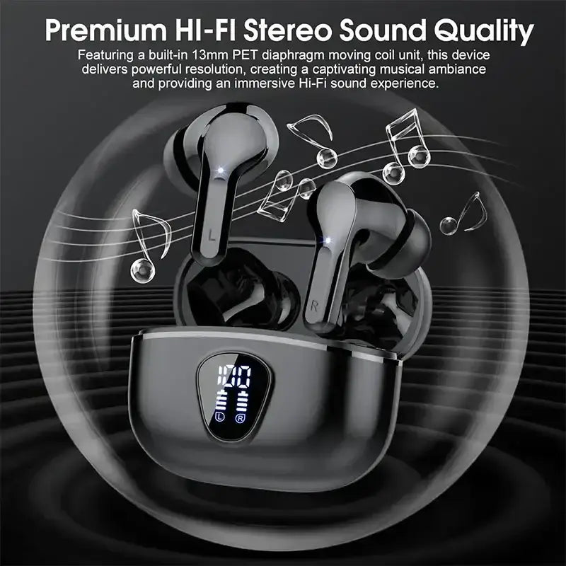 Black uyuxio wireless earbuds with glossy finish and matching charging case featuring illuminated digital display