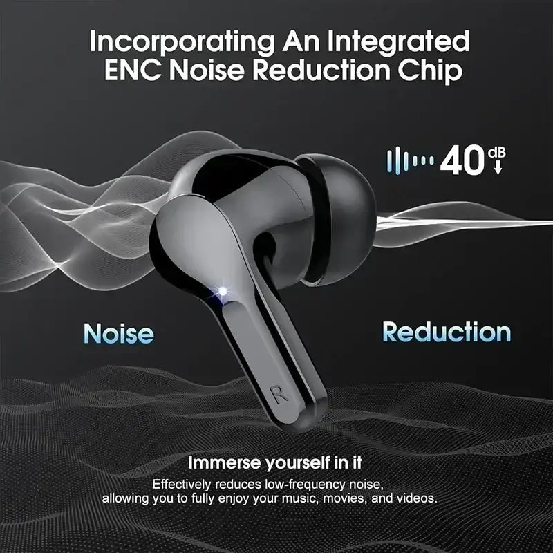 Black and silver uyuxio wireless earbuds with Bluetooth 5.3 and integrated ENC noise reduction chip for clear audio