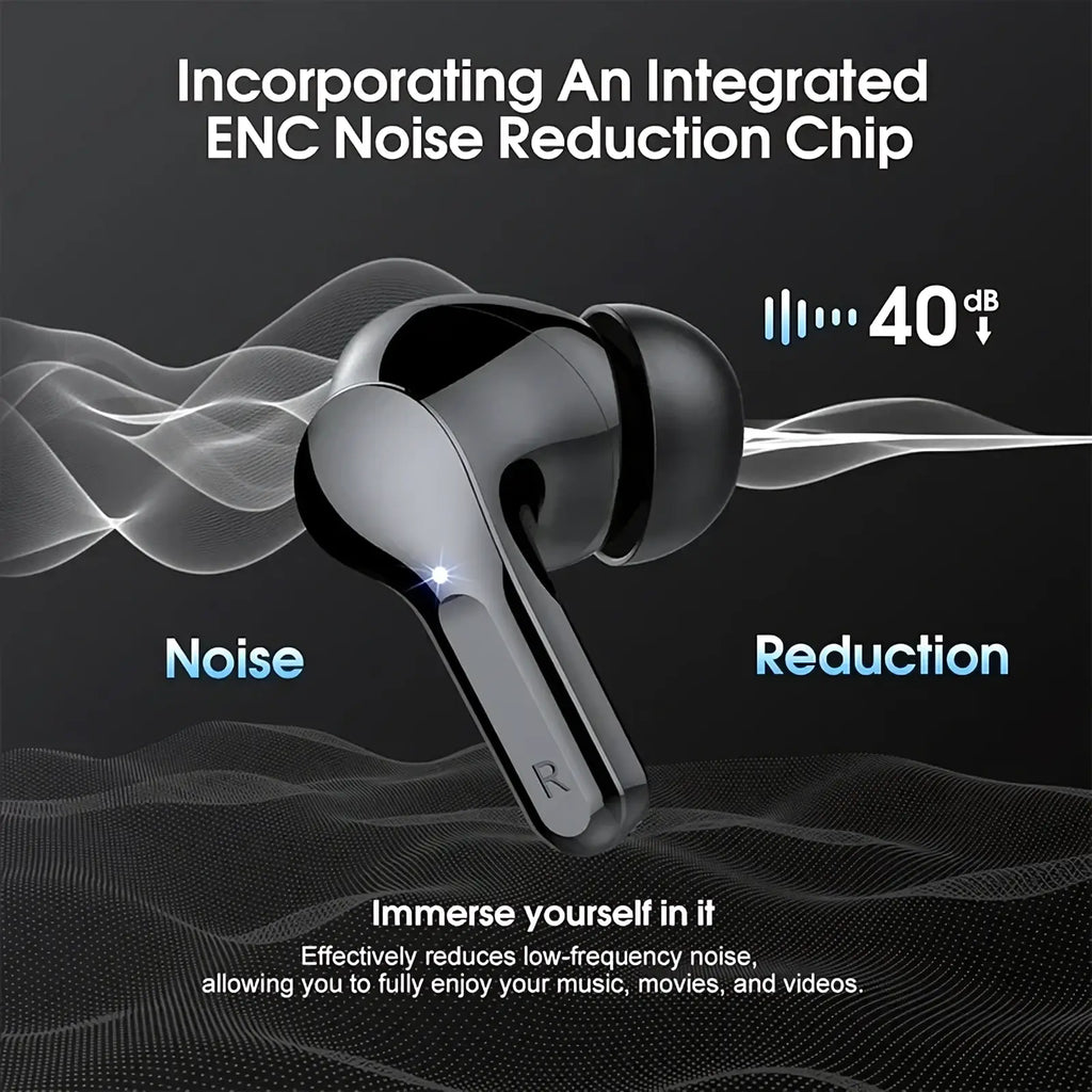 Black and silver Uyuxio wireless earbuds with Bluetooth 5.3 and integrated ENC noise reduction chip