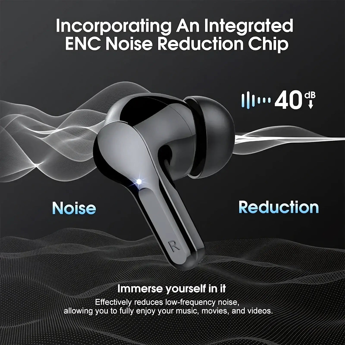 Black and silver Uyuxio wireless earbuds with Bluetooth 5.3 and integrated ENC noise reduction chip