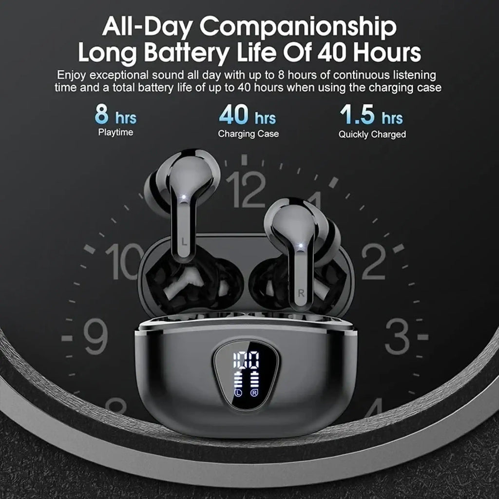 Uyuxio wireless earbuds Bluetooth 5.3 in black and silver with sleek design in matching charging case