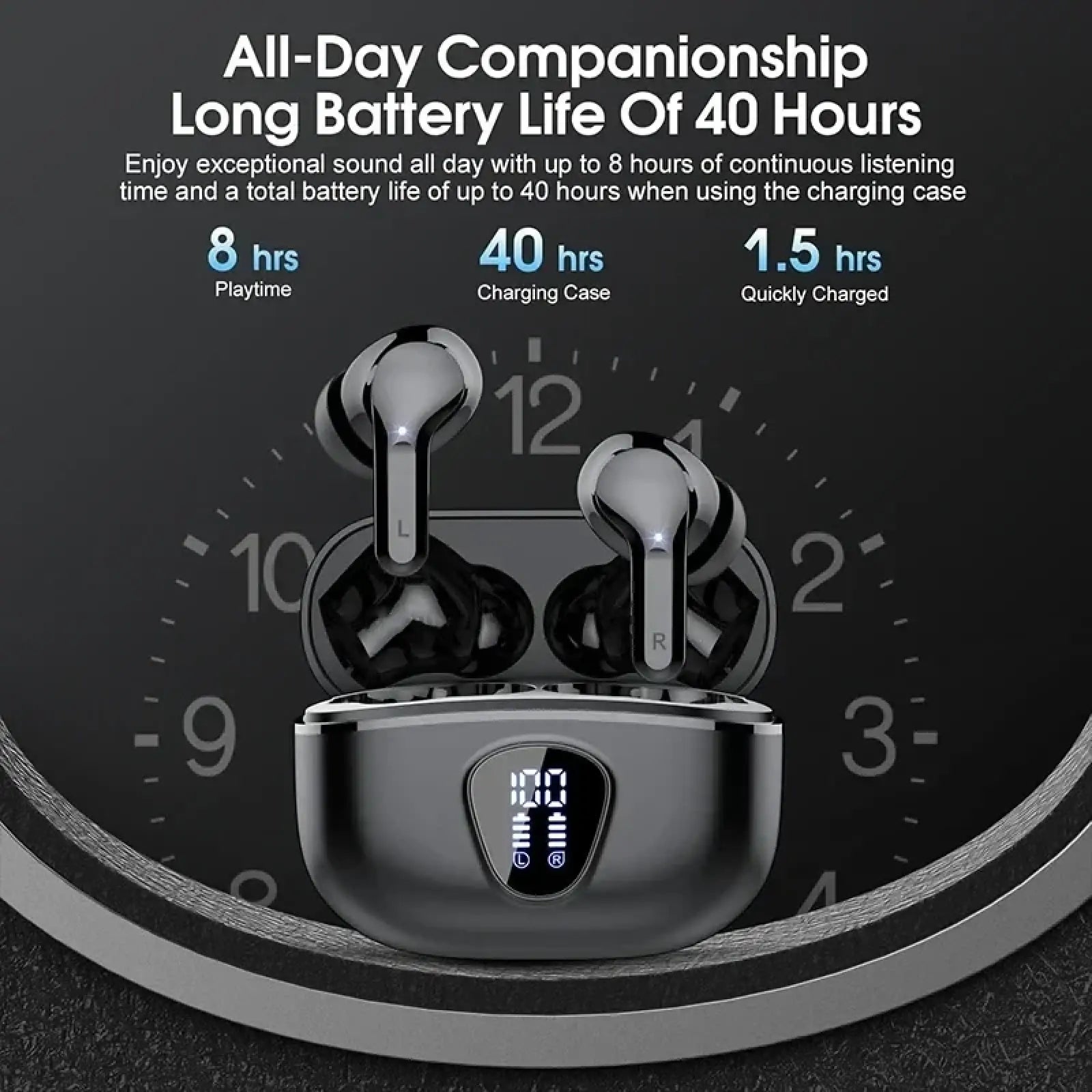 Uyuxio wireless earbuds Bluetooth 5.3 in black and silver with sleek design in matching charging case