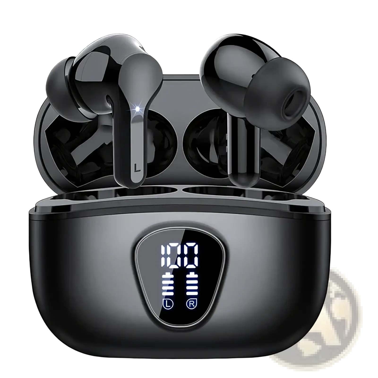 Black uyuxio wireless earbuds in a glossy charging case with an illuminated digital display Bluetooth 5.3 headphones