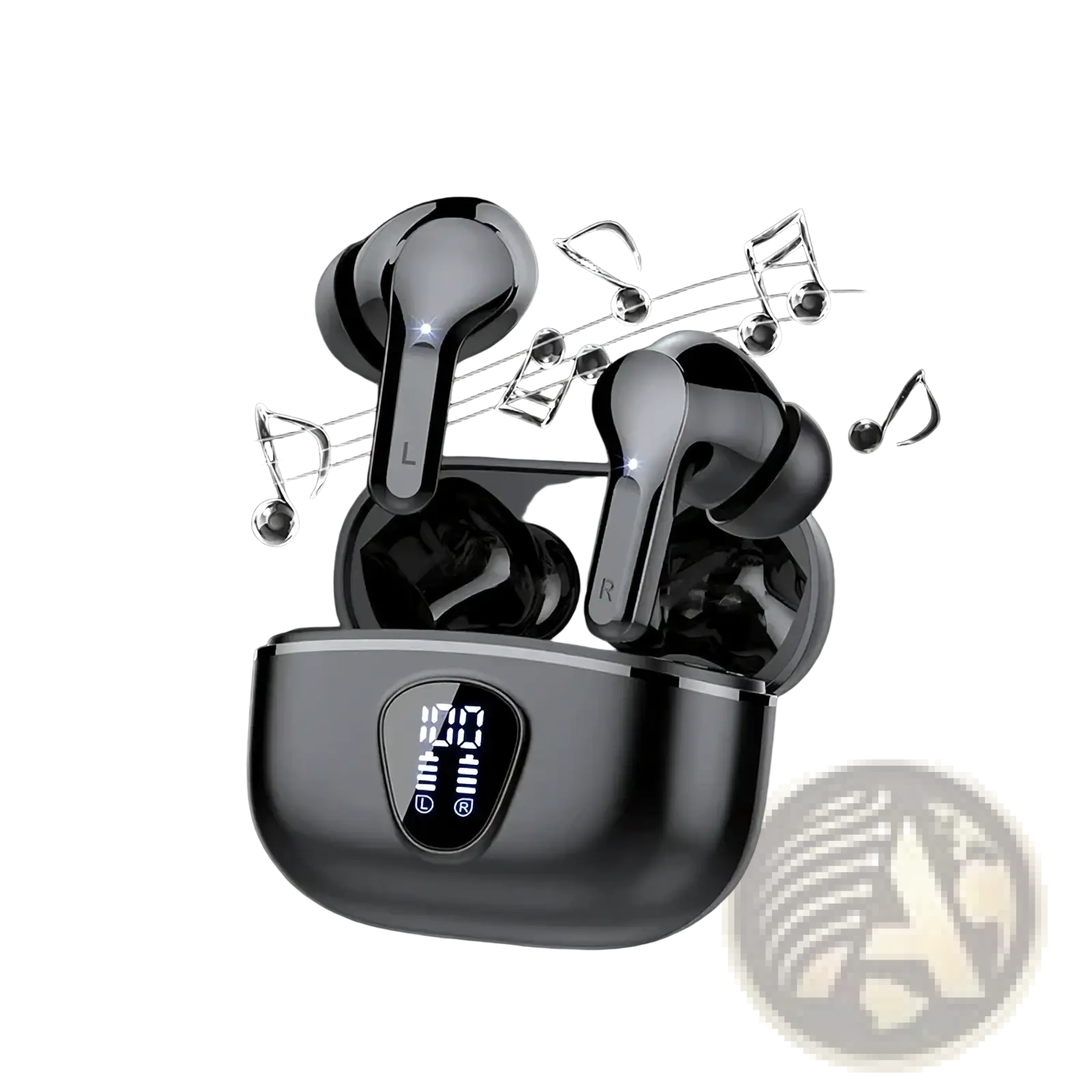Black uyuxio wireless bluetooth 5.3 earbuds with glossy finish and matching charging case featuring digital display