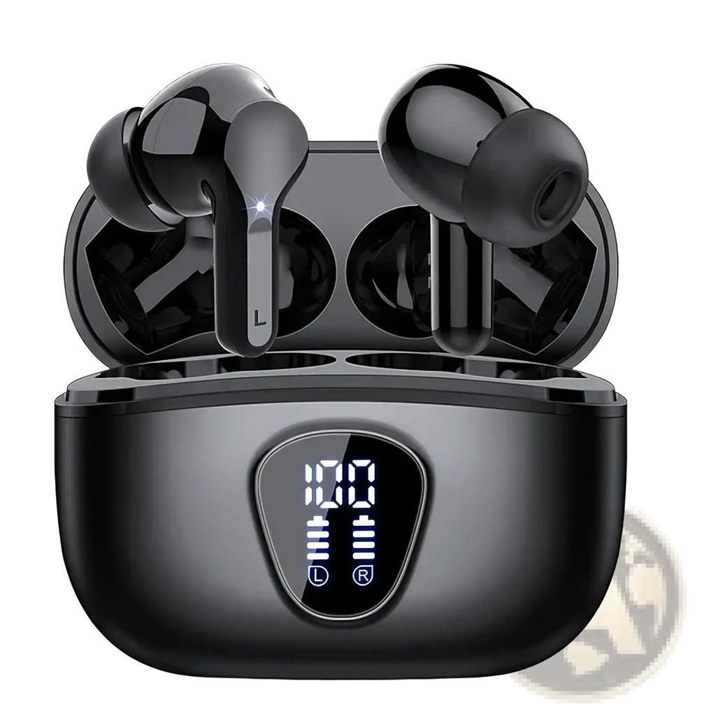 Black uyuxio wireless earbuds Bluetooth 5.3 in a sleek glossy charging case with illuminated digital display