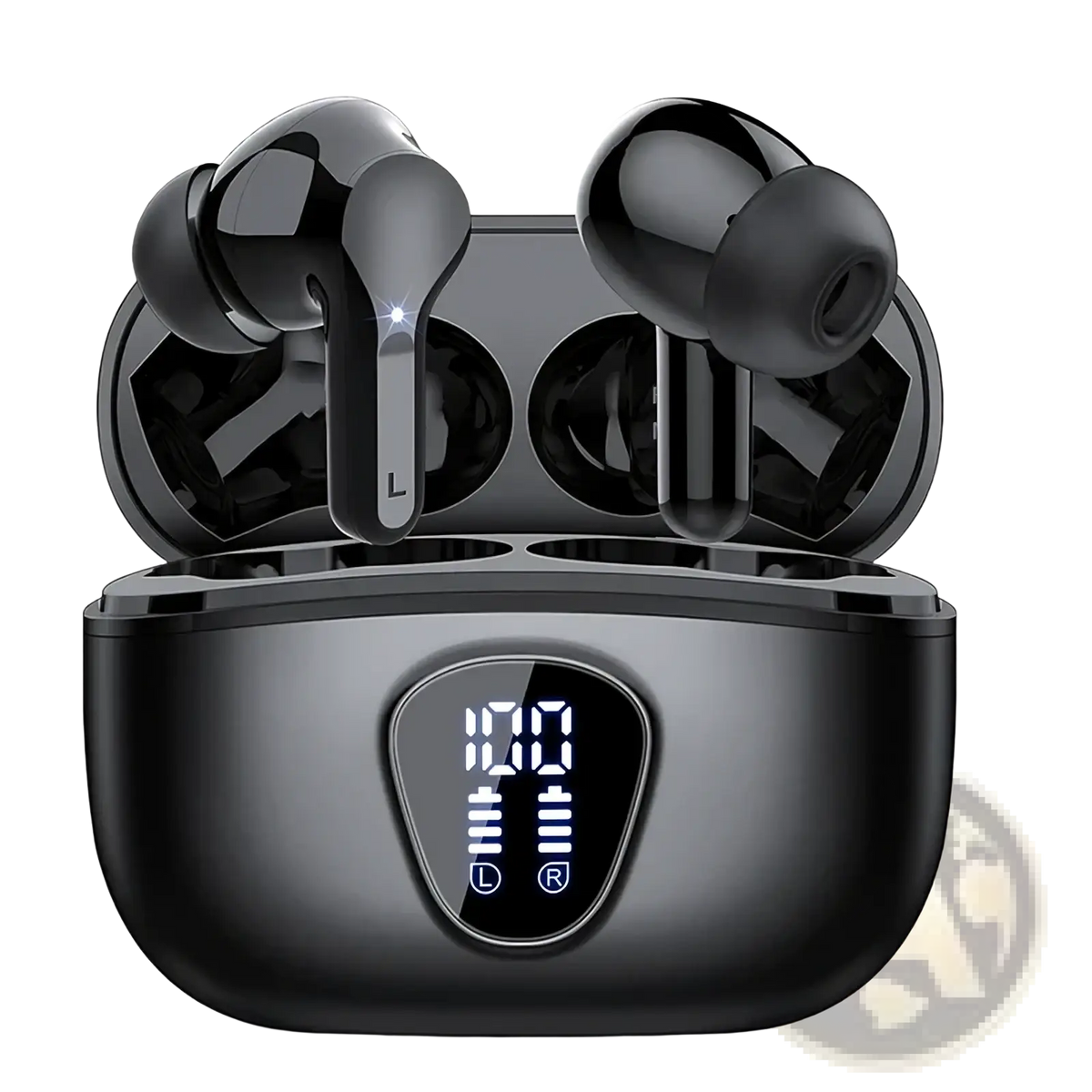 Black uyuxio wireless earbuds Bluetooth 5.3 in a sleek glossy charging case with illuminated digital display