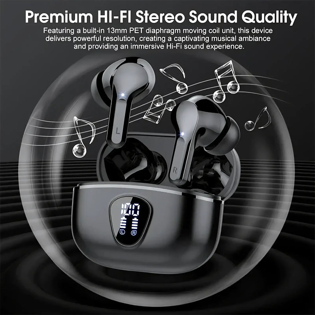 Black uyuxio wireless earbuds with glossy finish and matching charging case with illuminated digital display bluetooth 5.3 waterproof