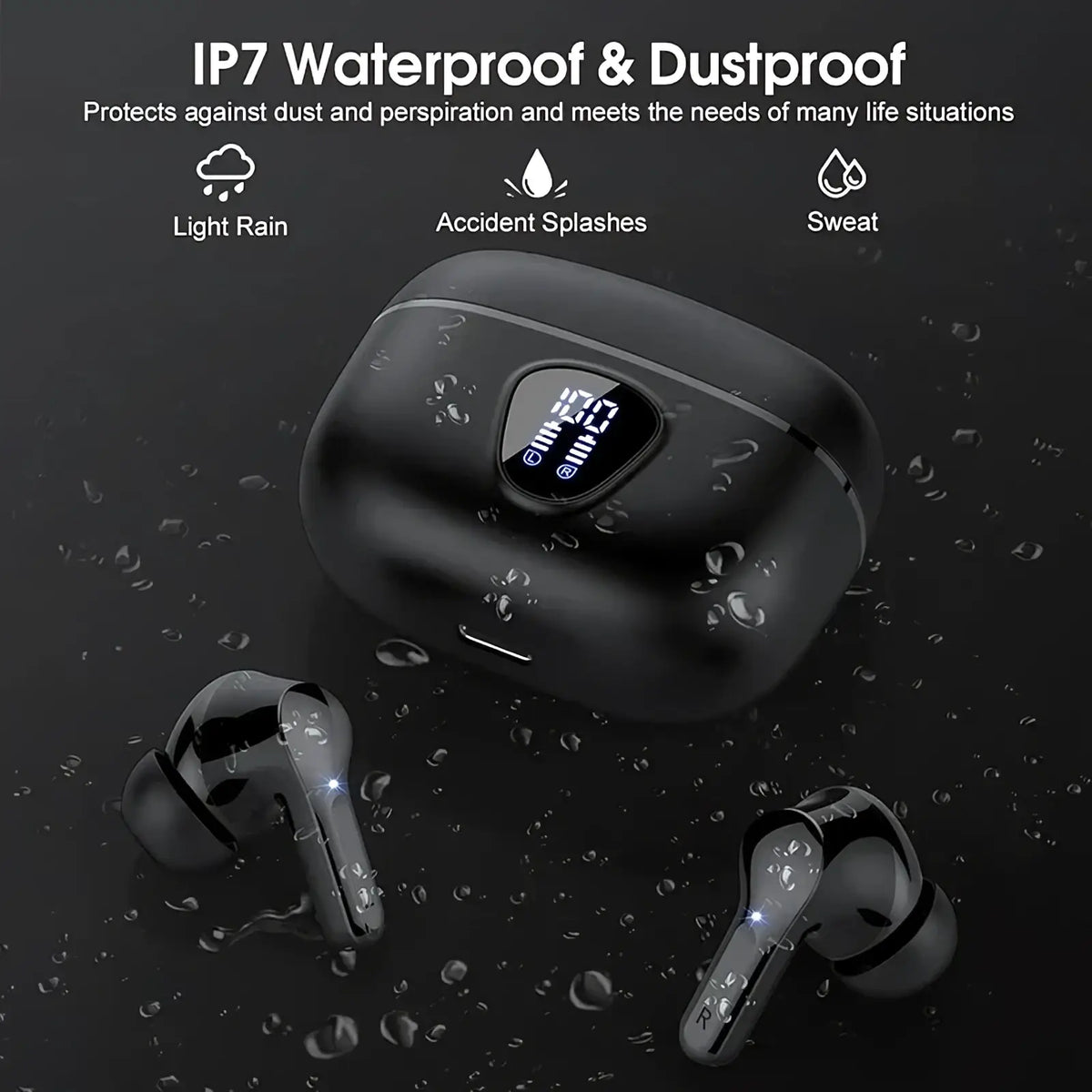 Uyuxio wireless earbuds black matte finish bt5.3 enc noise cancelling with sleek ergonomic design and digital display case