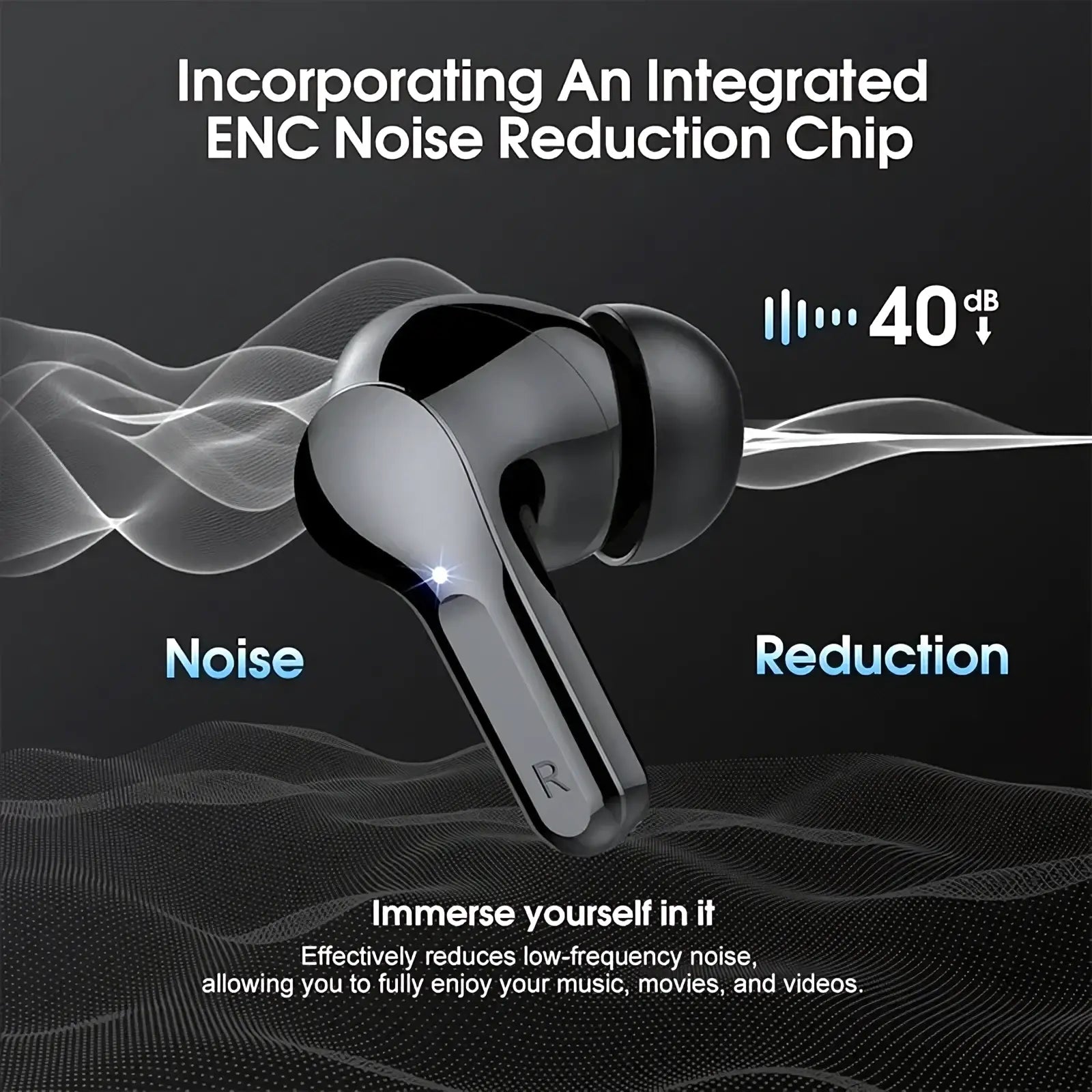 Black and silver Uyuxio wireless earbuds with Bluetooth 5.3 and integrated ENC noise cancelling chip
