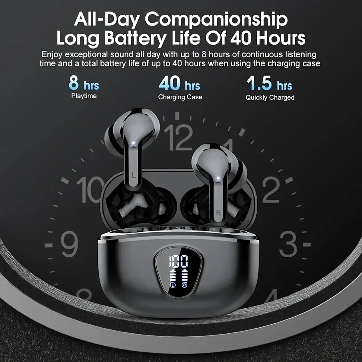 Black and silver uyuxio wireless earbuds bt5.3 with enc noise cancelling in a sleek charging case