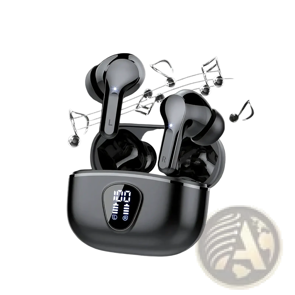 Black uyuxio wireless earbuds bt5.3 with glossy finish and matching charging case featuring digital display and noise cancelling