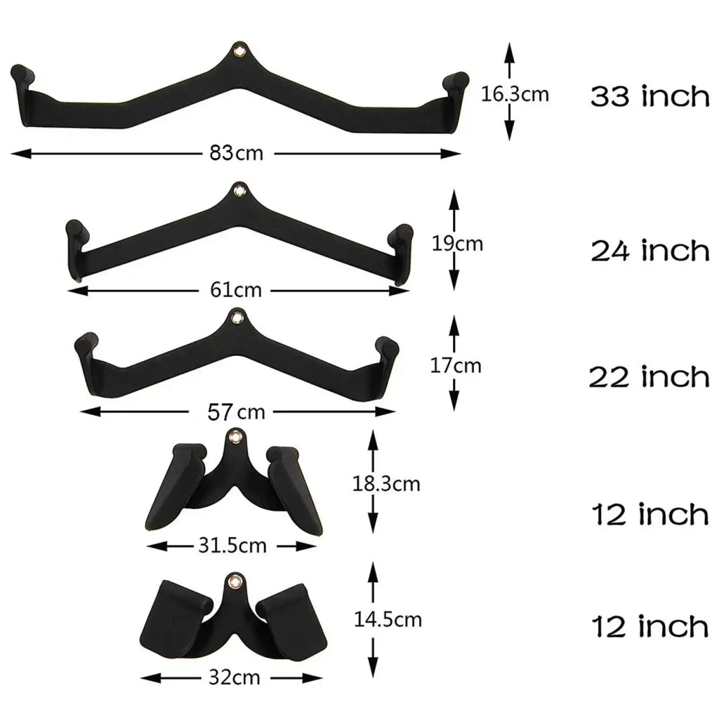 V-bar lat pulldown cable machine handle attachments in black matte metal with four different sizes for weight pulling