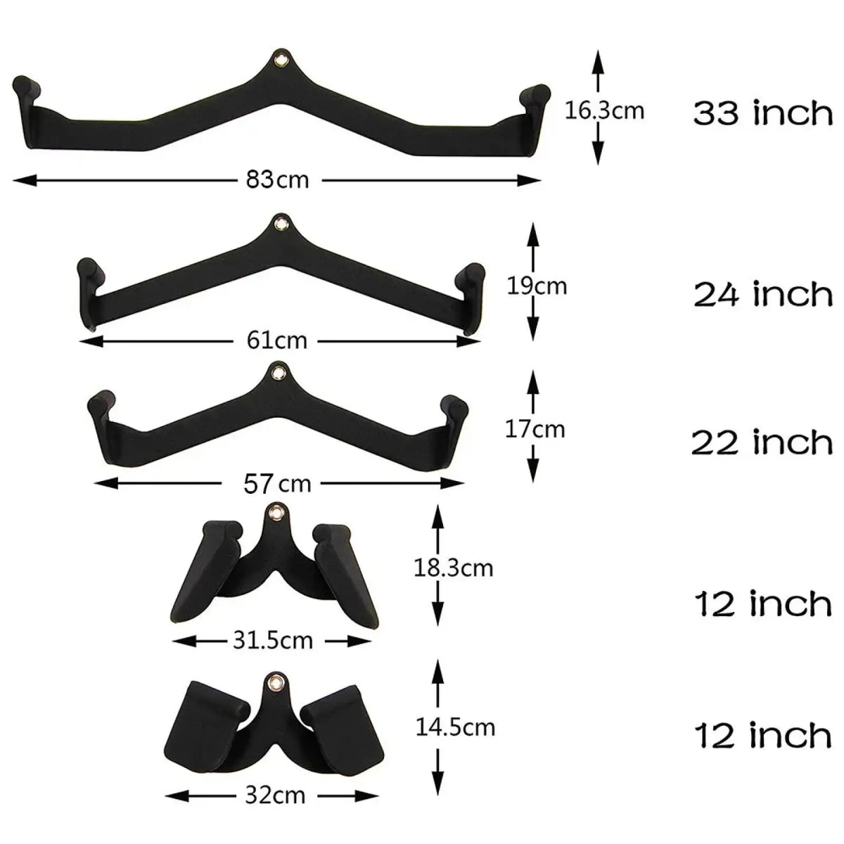 V-bar lat pulldown cable machine handle attachments in black matte metal with four different sizes for weight pulling