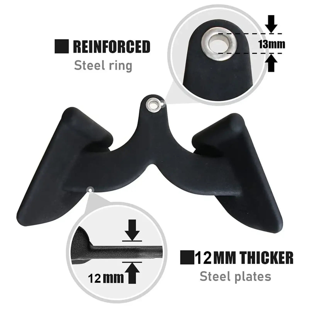 V-bar lat pulldown cable machine handle attachment with black reinforced steel grip 12mm thick plates 13mm ring diameter