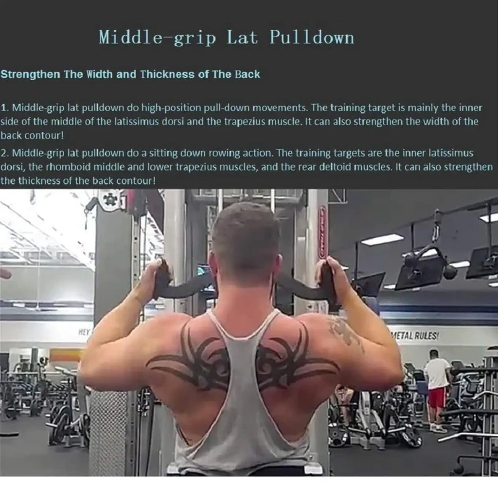 A man with a black tribal tattoo performs a middle-grip lat pulldown using a v-bar lat pulldown cable machine handle