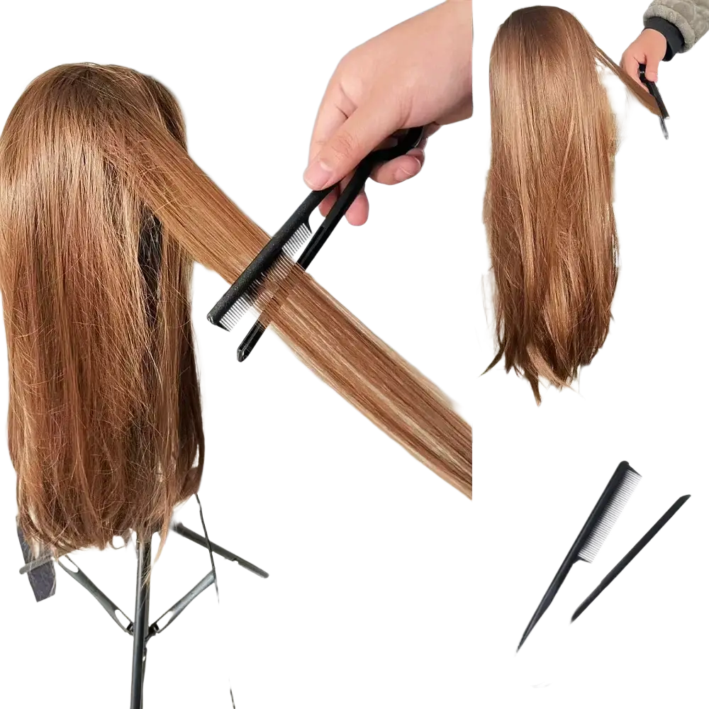 Black plastic v comb hair straightening styling tool with curved handle and fine teeth used on long brown synthetic hair