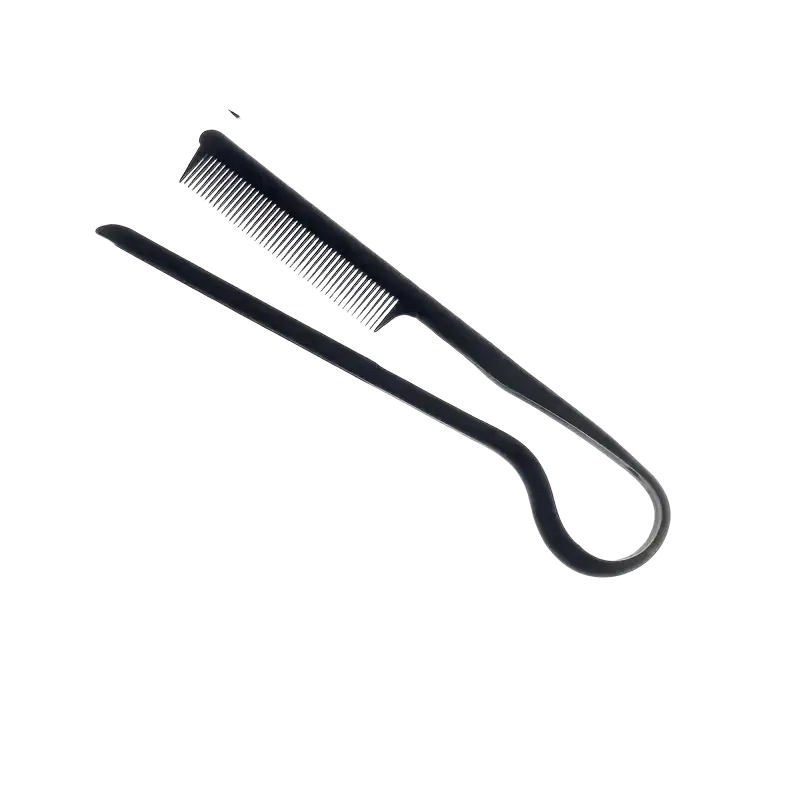 Black plastic v comb hair straightening styling tool with curved handle and fine teeth measuring 20.5cm