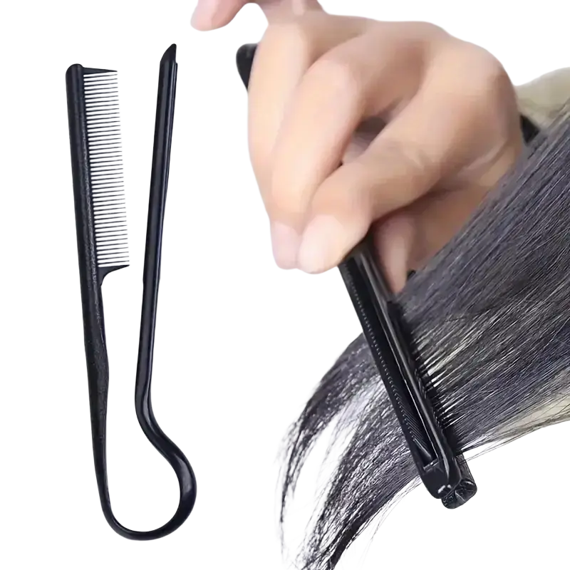 Black plastic v comb hair straightening styling tool with curved handle and matching clip holding dark hair