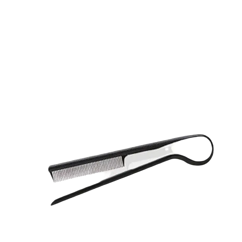 Black and silver v comb hair straightening styling tool with comb attachment made of black plastic