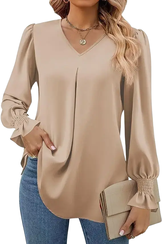Beige v-neck blouse with long sleeve length and lantern sleeve style featuring ruffled cuffs for women solid top