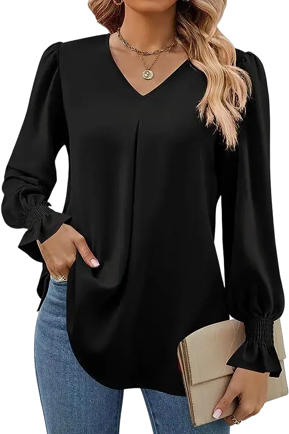 Black satin v-neck blouse with long puff sleeve length and ruffled cuffs featuring lantern sleeve style