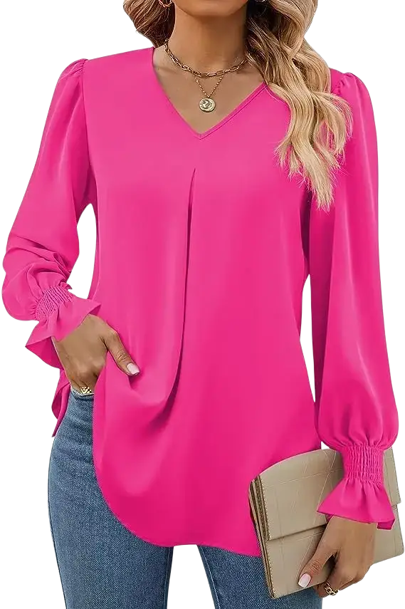 Bright pink v-neck blouse with long sleeve length and ruffled lantern sleeve style for women solid top