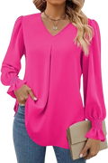 Bright pink v-neck blouse with long sleeve length and ruffled lantern sleeve style for women solid top