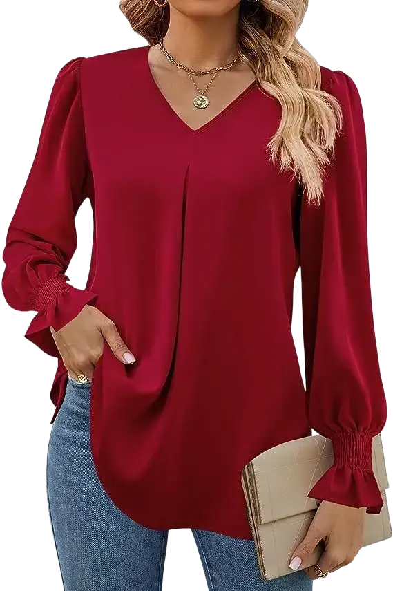 A flowing burgundy v-neck blouse with long ruffled lantern sleeve style in solid fabric for women