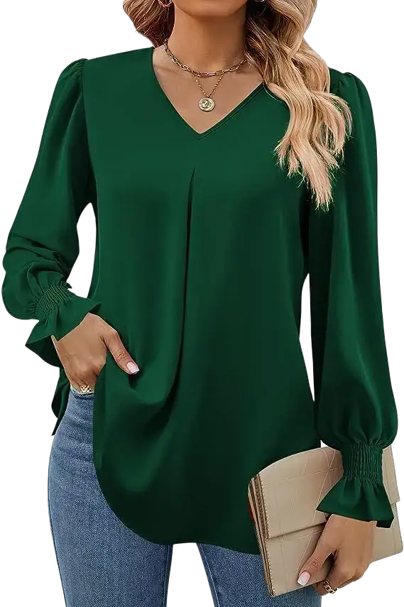 Emerald green satin v-neck blouse with long puff sleeve length and ruffled cuffs in lantern sleeve style for women