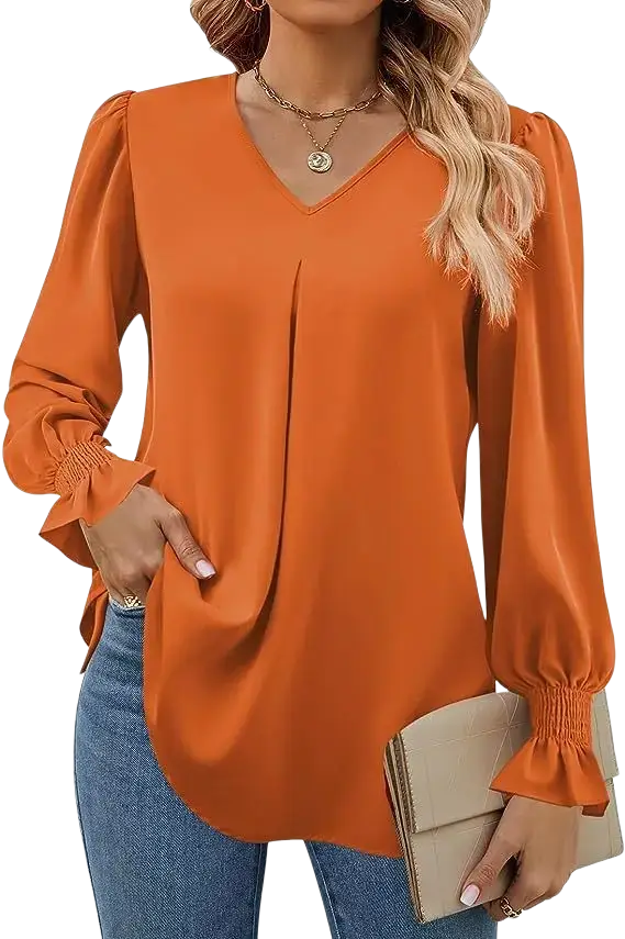 Orange v-neck blouse for women with long sleeve length and ruffled lantern sleeve style solid top