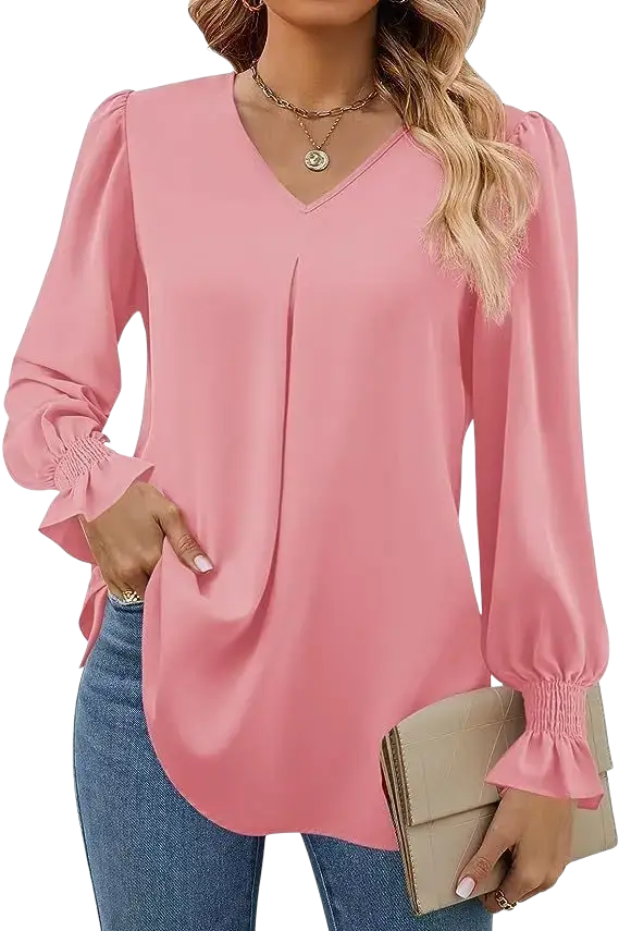 Pink v-neck blouse with long sleeve length and lantern sleeve style featuring ruffled cuffs and smocked wrists