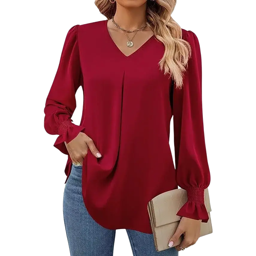 A flowing red v-neck blouse featuring long sleeve length and ruffled lantern sleeve style for women