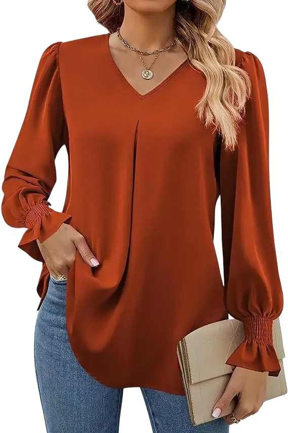 Rust-colored v-neck blouse with long sleeve length and ruffled lantern sleeve style for women solid top