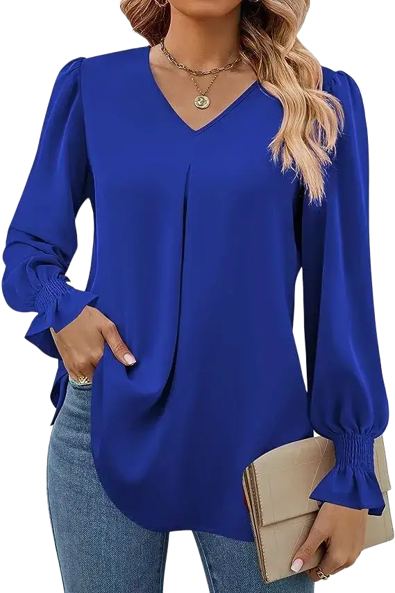 Vibrant royal blue v-neck blouse with long sleeve length and lantern sleeve style featuring ruffled cuffs