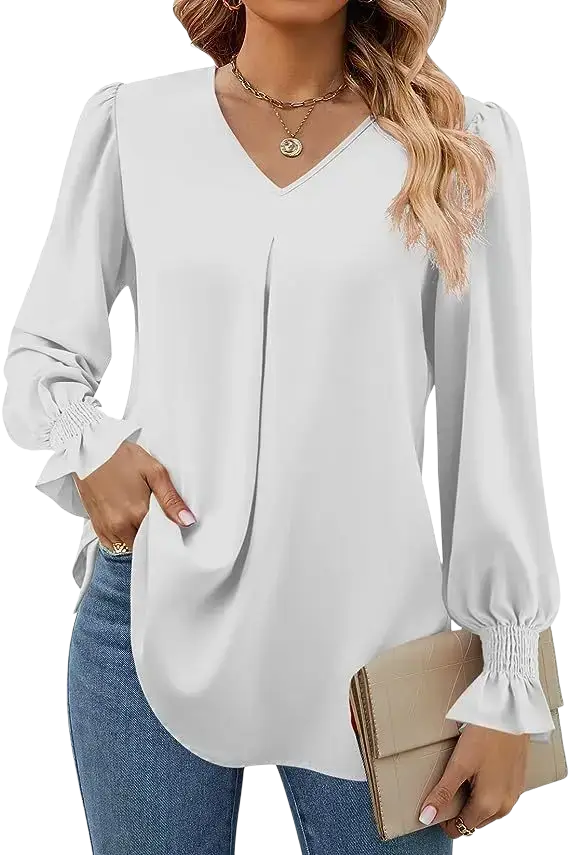 White v-neck blouse with long lantern sleeve length and ruffled cuffs in solid fabric with front pleats