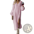 A soft pink v neck button split knit maxi dress featuring long sleeves and fuzzy knit material