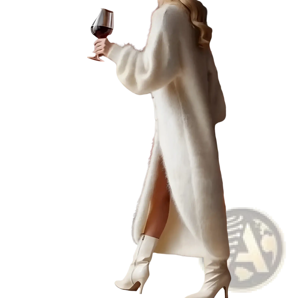 Off-white v neck button split knit maxi dress featuring a plush long-sleeved coat with a high slit and soft texture